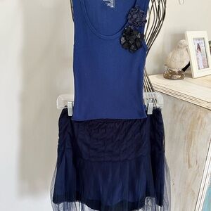 Skirt set-embellished tank; silky lace trimmed skirt with tulle…navy blue